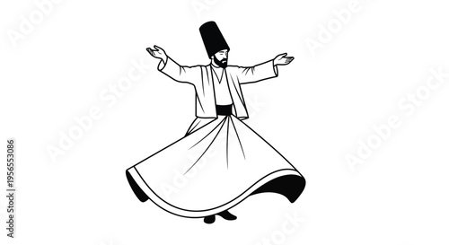 Whirling Dervish Man in Traditional Attire Performing Sufi Dance on Flat Illustration isolated on white background