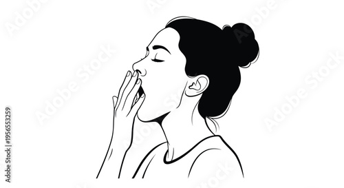 Woman yawning with hand covering mouth in a minimalist flat black silhouette isolated on white background
