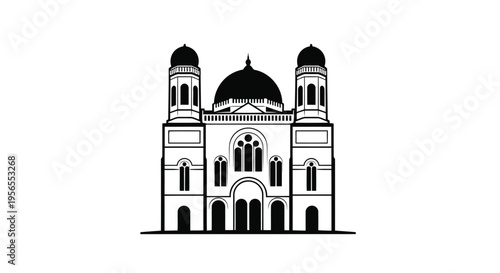 Black silhouette of a large building with domes and towers on a isolated on white background
