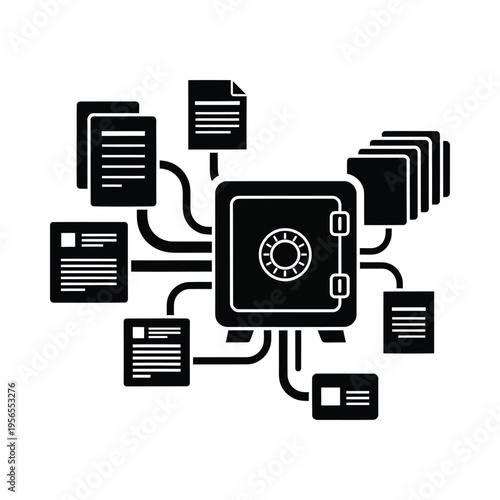 Secure document storage concept with safe and files, black and white illustration