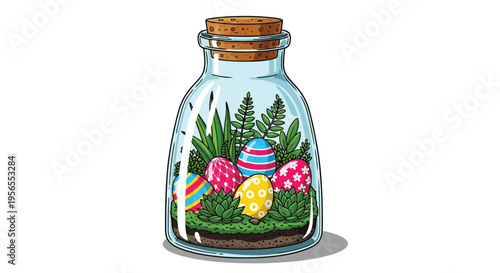 Colorful Easter eggs in a glass jar with a cork lid, surrounded by green leaves and plants, vector flat design isolated on white background
