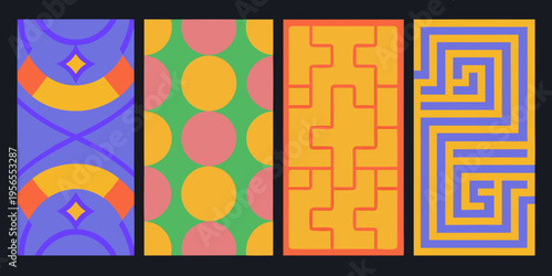 Four vibrant vertically oriented panels with unique geometric patterns