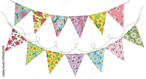 Colorful floral bunting flags on , flat design illustration isolated on white background