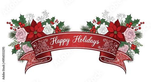 Holiday floral banner with Happy Holidays text isolated on white background