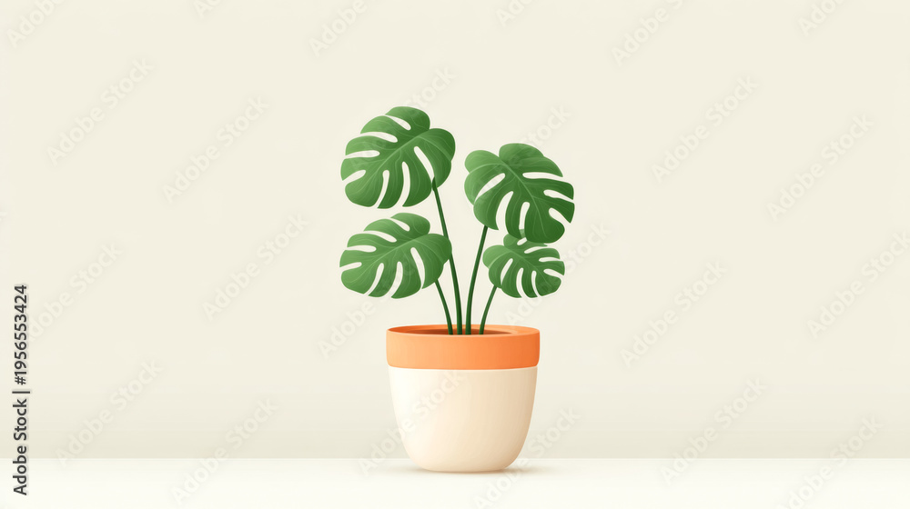 Fototapeta premium Minimalist monstera plant in modern pot on neutral background