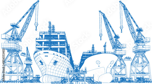 Industrial Shipbuilding Plant Line Art Vector Illustration – Shipyard Construction Sketch, Marine Engineering Outline Drawing