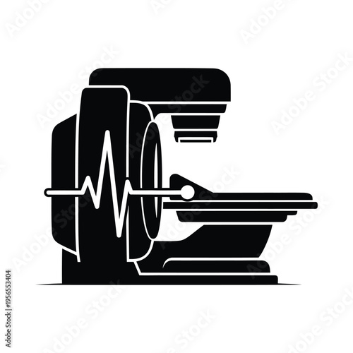 Modern medical linear accelerator machine for radiation therapy in hospital, detailed silhouette illustration