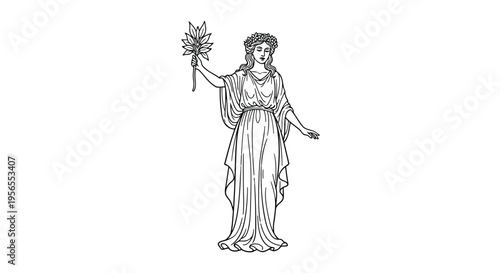 Ancient Greek goddess holding flower in hand standing alone isolated on white background