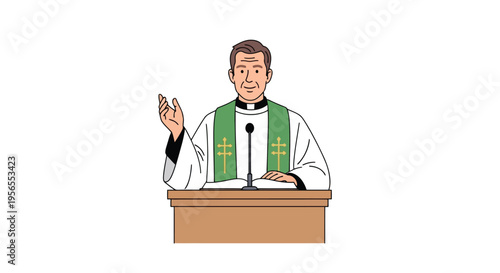 Cartoon priest giving sermon from pulpit with green stole, standing behind brown wooden desk with microphone, flat isolated on white background