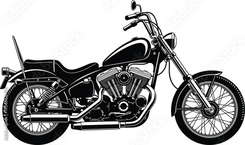 WebClassic custom motorcycle vector illustration, vintage chopper bike silhouette, black and white cruiser motorbike with chrome engine, retro garage design