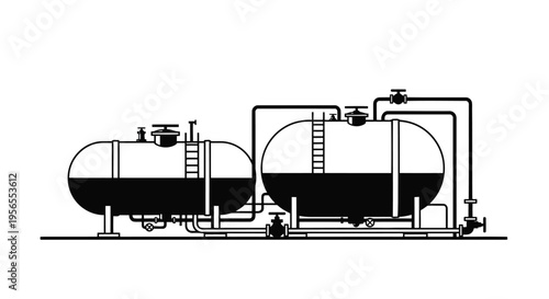 Industrial black and white flat design of two large storage tanks with pipes and valves on a isolated on white background
