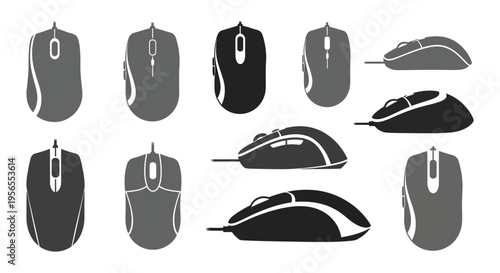 Variety of computer mice arranged in a stark black silhouette