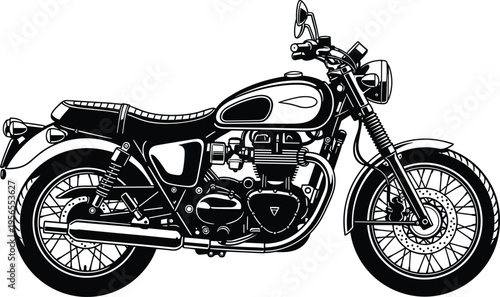 WebClassic vintage motorcycle vector illustration, retro standard motorbike silhouette, black and white cafe racer with engine detail, old school garage