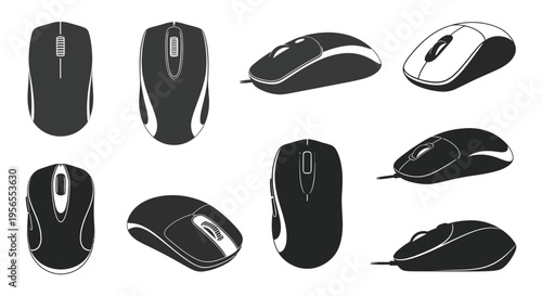 Various computer mice designs displayed in a stark black silhouette
