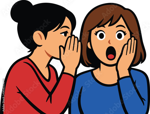 Two Women Gossiping, One Whispering Secret to Shocked Friend with Surprised Expression, Flat Cartoon Style vector illustration
