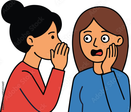 Two Women Gossiping and Whispering Secrets with Shocked Reaction, Flat Cartoon Style Vector Illustration
