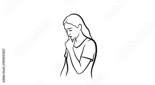 Woman thinking with hand on chin in simple line art style isolated on white background