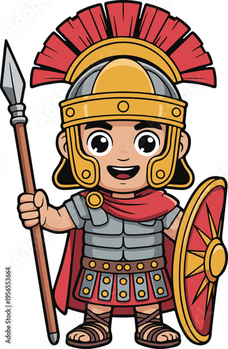 Cute Chibi Roman Soldier Centurion Warrior with Helmet Spear and Shield, Cheerful Cartoon Style Vector Illustration
