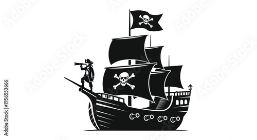 Black silhouette of pirate ship with skull flag sailing on ocean isolated on white background