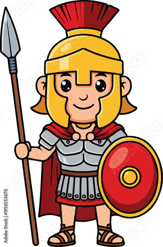 Cute Cartoon Roman Soldier Centurion Warrior with Golden Helmet Red Plume Spear and Shield, Cheerful Chibi Style Vector Illustration
