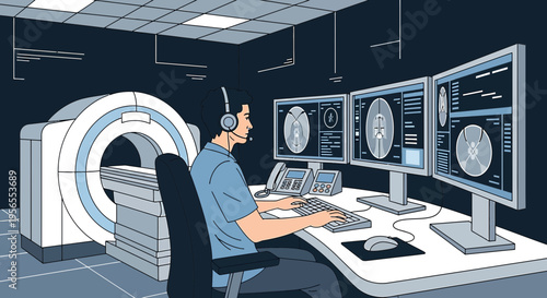 Radiologist Operating MRI Scanner in Modern Medical Imaging Control Room