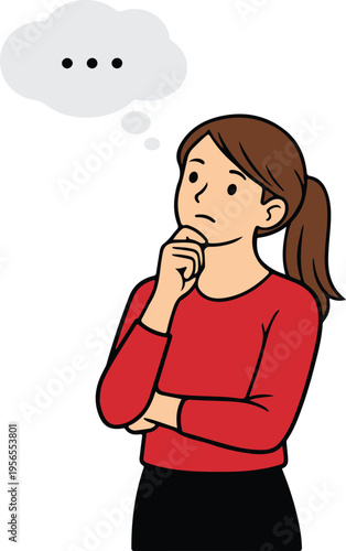 Pensive Young Woman with Brown Ponytail in Red Shirt Thinking with Ellipsis Thought Bubble, Flat Cartoon Style Vector Illustration

