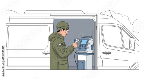 Soldier using portable medical device in van, field medical equipment, healthcare technology