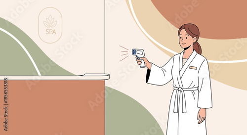 Spa employee checks temperature with infrared thermometer for COVID-19 safety