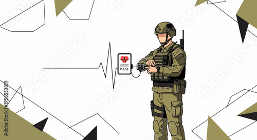 Soldier monitoring vital signs on smart device, military health technology concept
