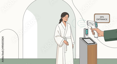 Spa Entrance: Temperature Check with Infrared Thermometer for Health Safety