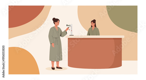 Spa reception desk with attendant and client in robe, modern abstract background