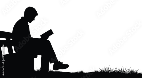 Man sitting on bench reading book silhouette black shadow isolated on white background