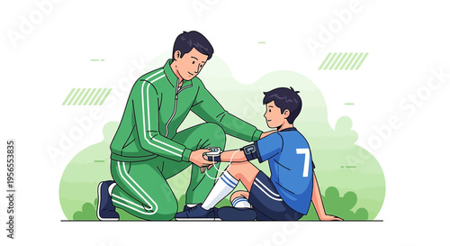 Sports Coach Tending to Injured Young Soccer Player on Field