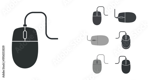 Various computer mice designs shown in a stark black silhouette