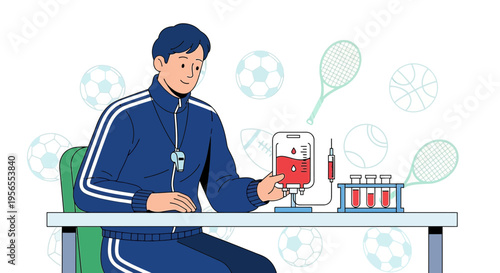 Sports coach with blood bag and test tubes, doping concept