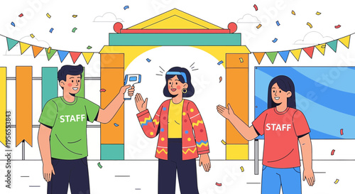 Staff checking temperature with infrared thermometer at event entrance, safety check