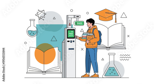 Student at self-service kiosk for education, books, graduation cap, science flasks