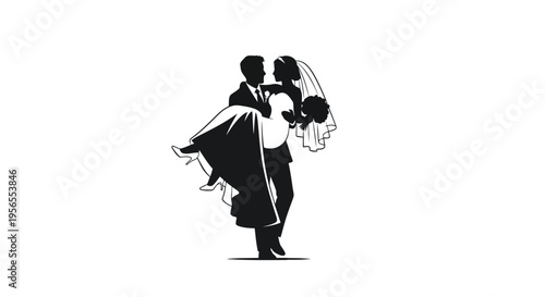 Black silhouette of a wedding couple dancing together on a isolated on white background