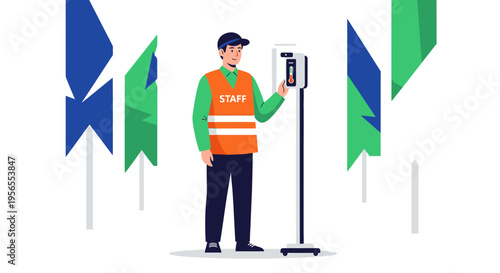 Staff member checks temperature with infrared thermometer at event entrance, safety measures