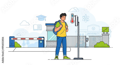 Student getting temperature checked at university entrance with thermometer and gate