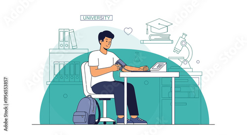 Student Health Check: Young man measures blood pressure at university desk with backpack