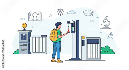 Student temperature check at school entrance with COVID-19 safety measures