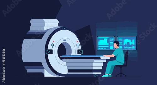 Radiologist operating MRI scanner in modern medical clinic, healthcare technology concept