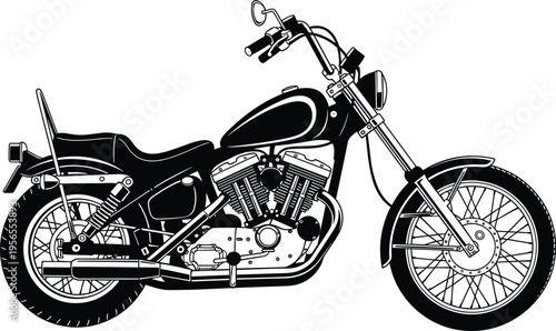 WebCustom motorcycle vector silhouette, black and white chopper motorbike illustration with chrome engine details, classic cruiser bike for vintage garage