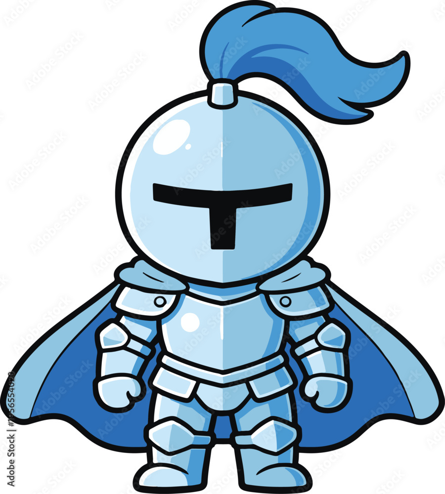 Obraz premium Cute Chibi Knight in Blue Armor with Plumed Helmet and Cape, Kawaii Cartoon Style Vector Illustration 