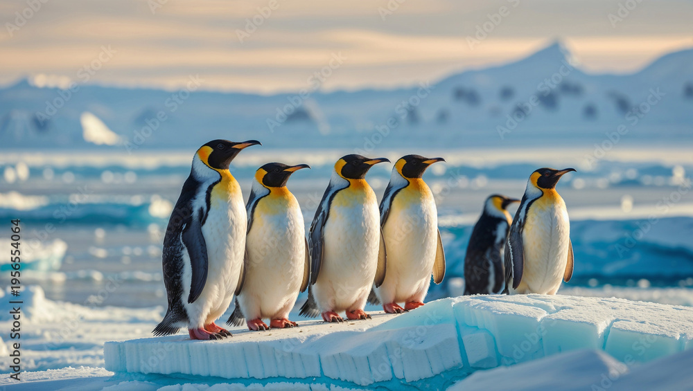 Fototapeta premium A group of six emperor penguins stands on an ice floe in a cold, icy landscape