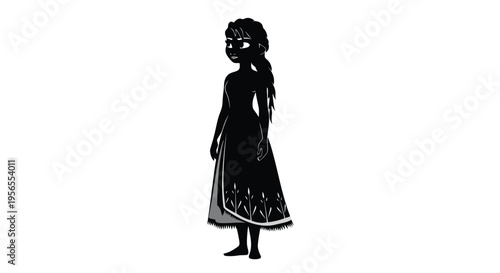 Black silhouette of a girl in a dress against a isolated on white background