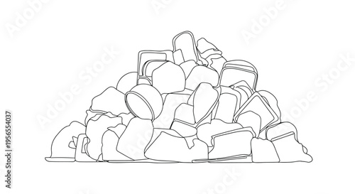 Pile of broken ceramic coffee cups and mugs in a heap on a , simple line art style isolated on white background