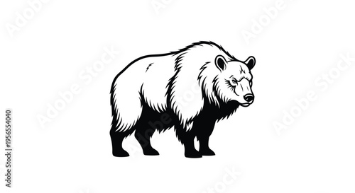 Black and white illustration of a walking brown bear in a minimalist flat design style isolated on white background