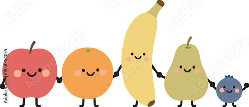 Cute Kawaii Fruit Friends Holding Hands in Happy Lineup, Adorable Cartoon Character Style Vector Illustration
